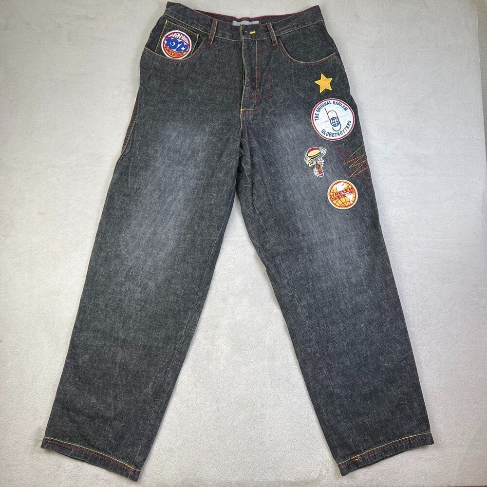 Platinum FUBU Jeans Mens 32 Harlem Globetrotters Patches Black Y2K Hip Hop
